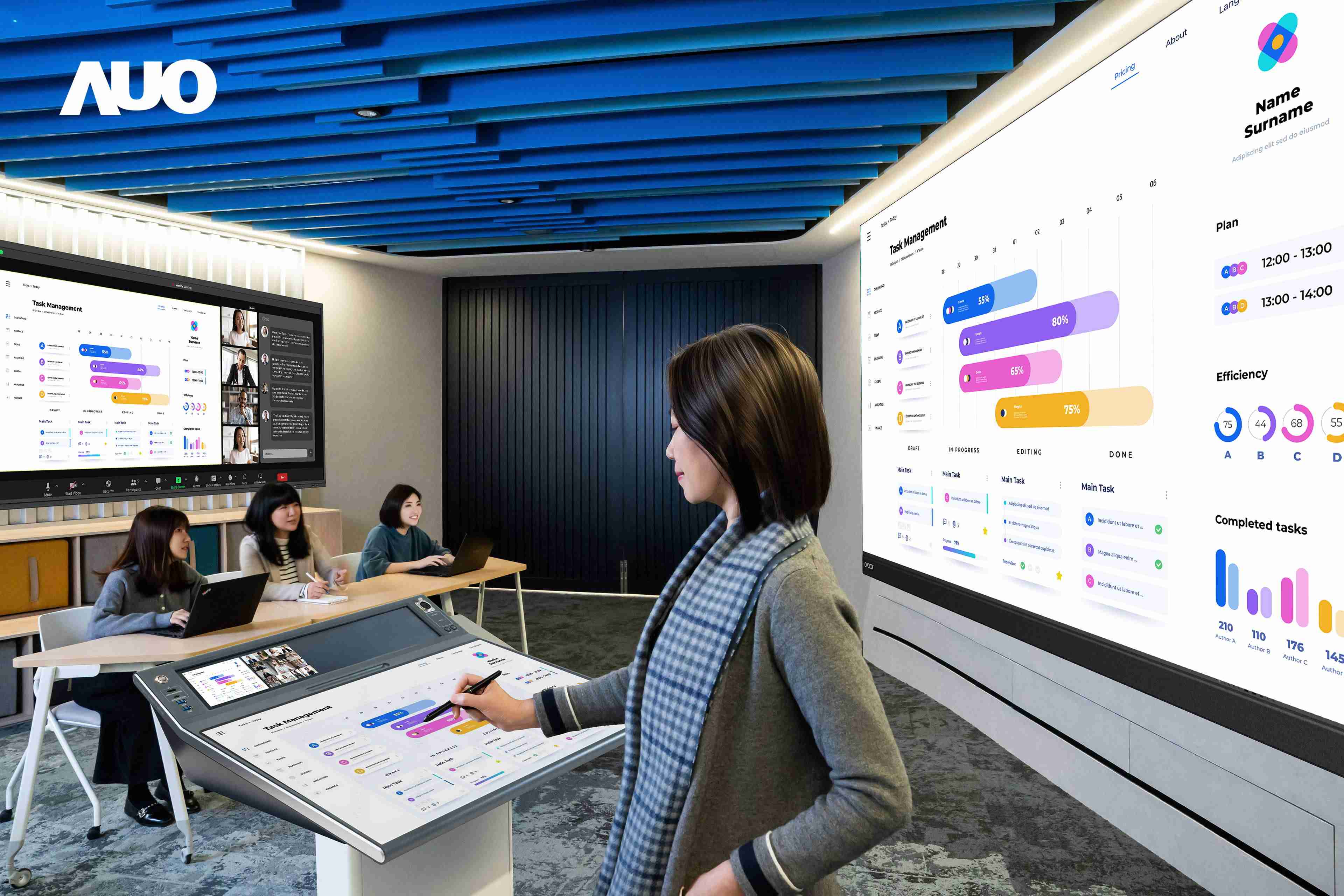 达擎携手Avocor与Rise Vision展示全方位商务领域应用，，，，包含采用模块化设计的138吋一体式All-in-One LED显示器及具21:9超宽比例的92吋交互式电子白板（IFPD），，，，讲者可轻松分享内容，，，，有效提升会议协作效率。。。